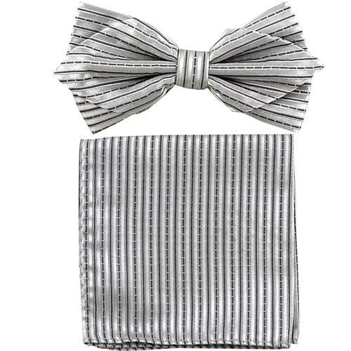 Silver Striped Bow Tie With Pocket Square (Pointed Tip) 3 Silver Striped Bow Tie With Pocket Square (Pointed Tip)