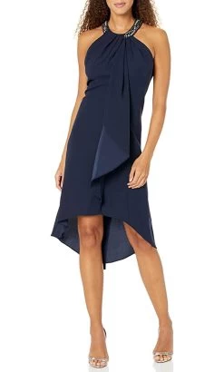 SLNY 419005 - Beaded Halter High Low Formal Dress