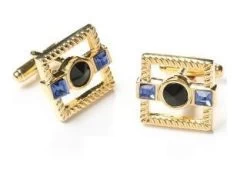 Square Gold Cufflinks With Black And Blue Crystals