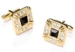 Square Gold Cufflinks With Black And Clear Crystals