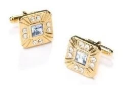 Square Gold Cufflinks With Clear Crystals