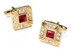 Square Gold Cufflinks With Red And Clear Crystals