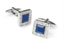 Square Silver Cufflinks With Blue Gem And Clear Crystals