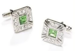 Square Silver Cufflinks With Green And Clear Crystals