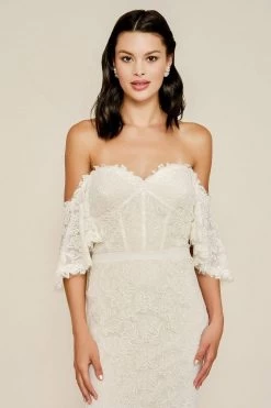 Tadashi Shoji - Lace Embroidered Off-Shoulder Trumpet Gown -Boutique Wedding Dress Store tadashi shoji lace embroidered off shoulder trumpet gown wedding dresses 28014851817555