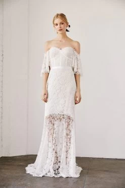 Tadashi Shoji - Lace Embroidered Off-Shoulder Trumpet Gown -Boutique Wedding Dress Store tadashi shoji lace embroidered off shoulder trumpet gown wedding dresses 28785498226771