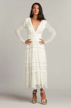 Tadashi Shoji - Long Sleeve Deep V Neck A-Line Dress