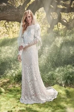 Tadashi Shoji - Long Sleeve Embroidered Bateau Wedding Dress -Boutique Wedding Dress Store tadashi shoji long sleeve embroidered bateau sheath dress wedding dresses 0 ivory petal 12098788098131