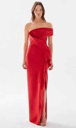 Tarik Ediz - Off Shoulder Ruffled Prom Dress 52029 - 1 Pc Red In Size 2 Available
