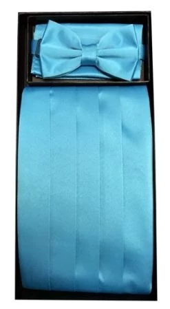 Turquoise Poly Satin Cummerbund, Bow Tie, And Hanky Set