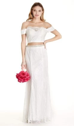 Aspeed Design - Two Piece Lace Off-Shoulder Sheath Prom Dress -Boutique Wedding Dress Store two piece lace off shoulder sheath prom dress dress xxs off white 5654897590329