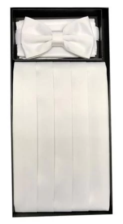 White Poly Satin Cummerbund, Bow Tie, And Hanky Set