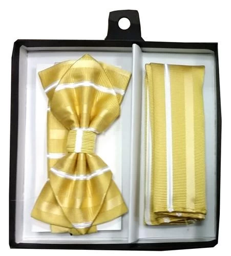 Yellow Striped Bow Tie With Pocket Square (Pointed Tip) 4 Yellow Striped Bow Tie With Pocket Square (Pointed Tip) - Image 2
