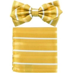 Yellow Striped Bow Tie With Pocket Square (Pointed Tip)
