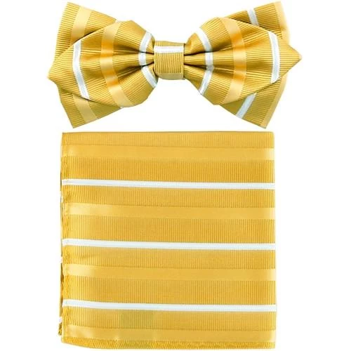 Yellow Striped Bow Tie With Pocket Square (Pointed Tip) 3 Yellow Striped Bow Tie With Pocket Square (Pointed Tip)